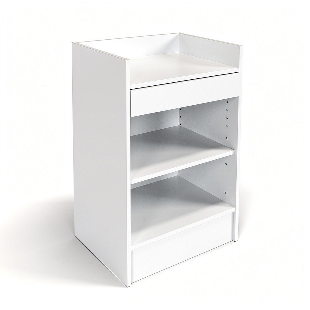 White register counter stand with a top drawer and two open shelves, angled front view.