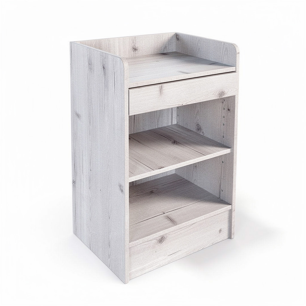 Whitewashed woodgrain checkout counter with raised back lip, single drawer, and two open lower storage shelves