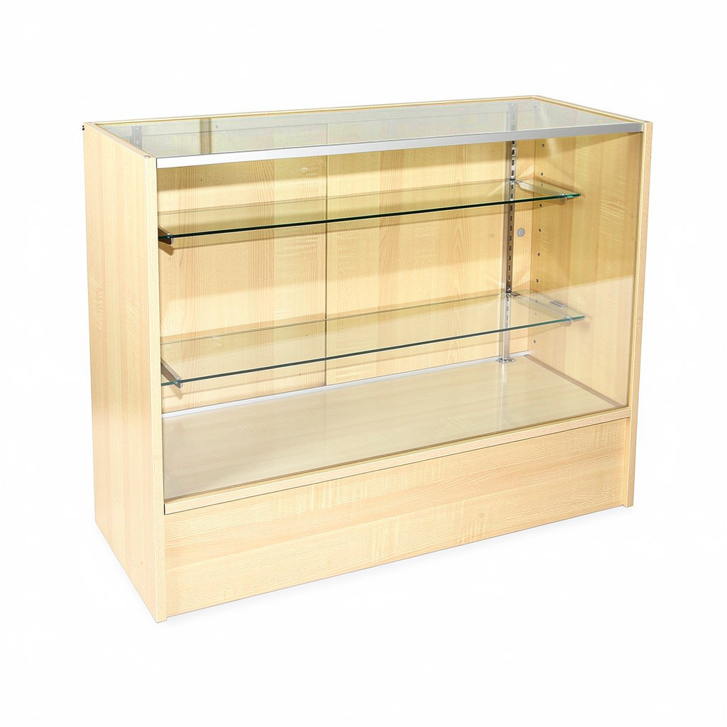 Maple wood-grain laminate showcase with aluminum-edged glass front and two floating glass shelves