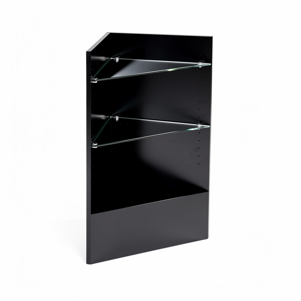 Black corner filler counter display with two angled glass shelves, front view.
