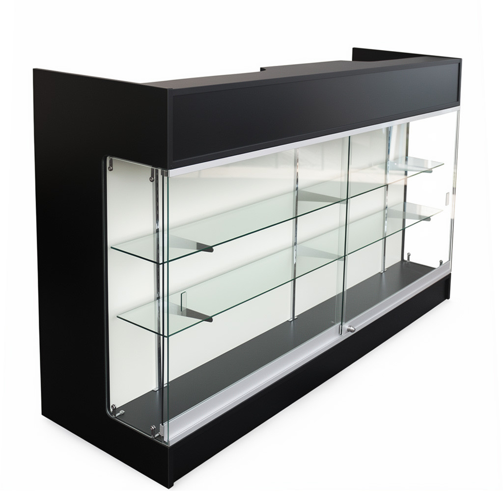 Black 72-inch ledge top counter with glass front showcase and lit tiered shelves, angled view.