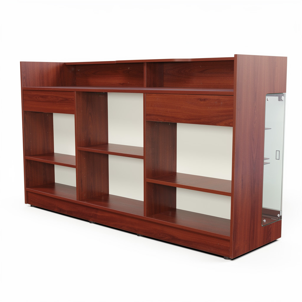 Cherry mahogany finish counter showing wood grain, three-bay storage cubbies and glass end panel with metal clamps.