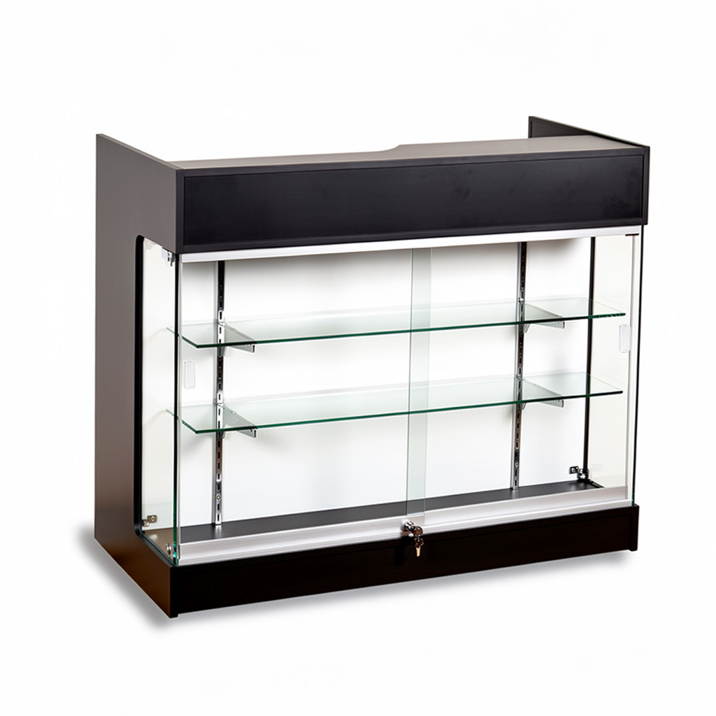 Black wood counter showcase with glass front, two glass shelves, and locking storage base.