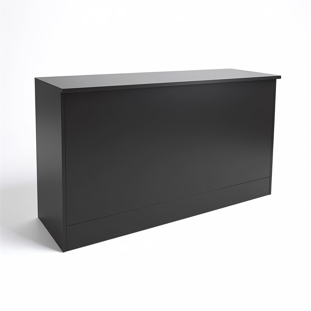 Black wood flat top cash wrap counter shown at an angle with a clean rectangular front panel.