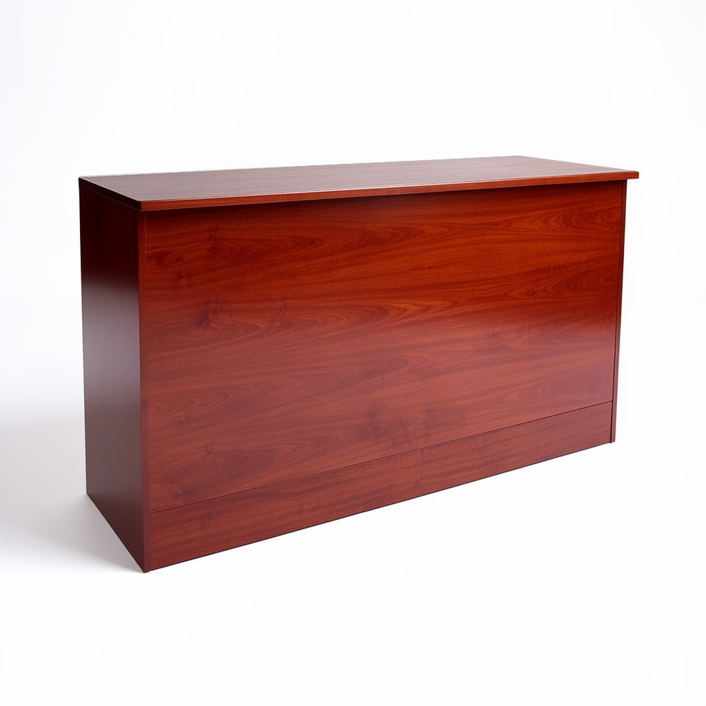 Cherry-finish wood flat top cash wrap counter shown at an angle, front and side panels visible.