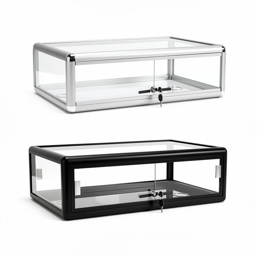 Two aluminum countertop display cases with glass panels and locks, one silver-framed and one black-framed.