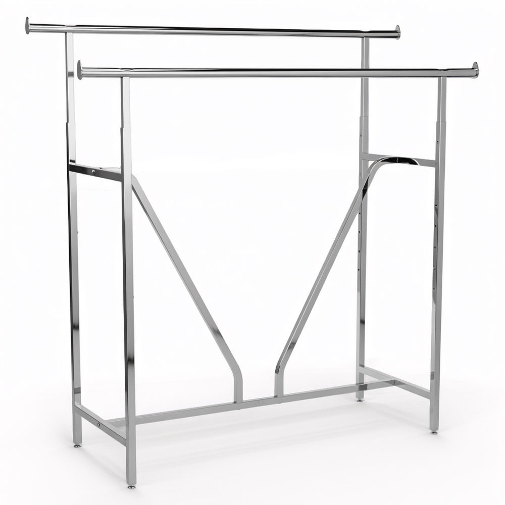 Chrome double-bar garment rack with height-adjustable uprights, diagonal cross-brace supports, and leveling glide feet