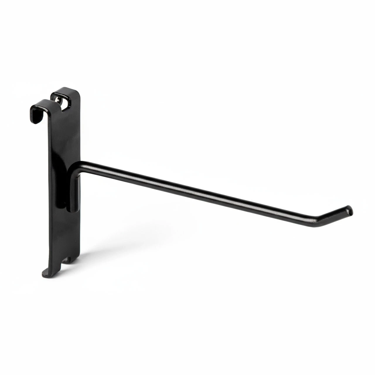 Black powder-coated steel display peg with flat-plate back and dual grid clips, upturned tip to retain merchandise