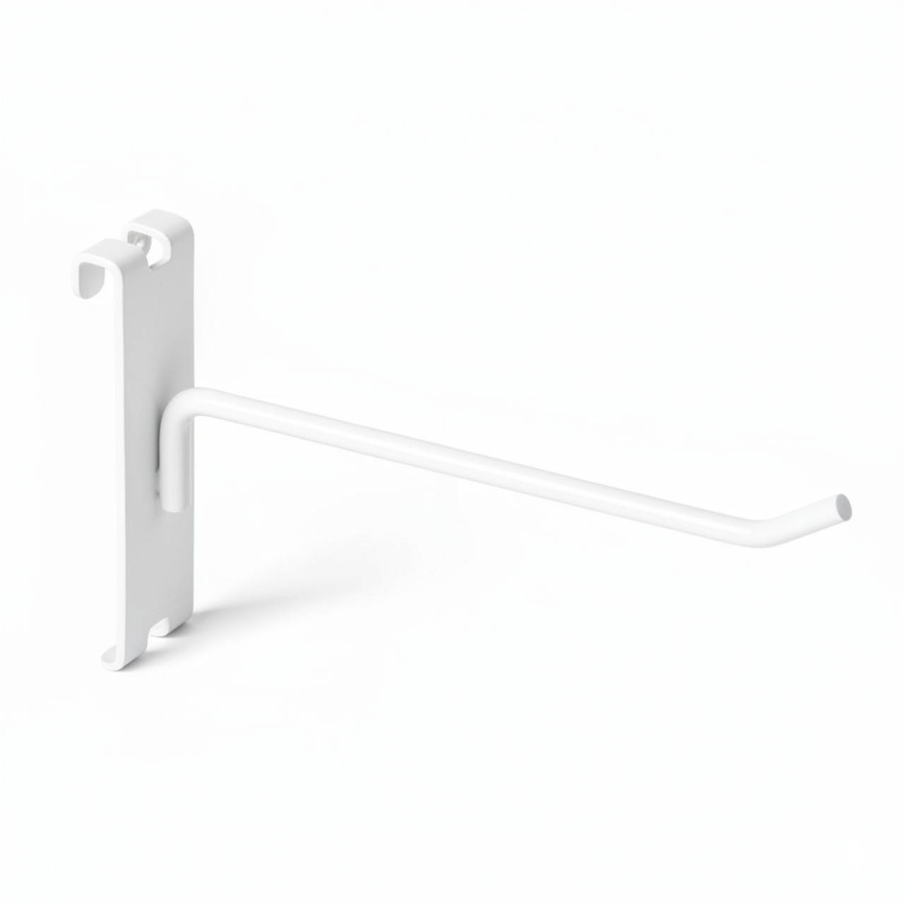 White powder-coated single-prong hook with flat backplate and dual top clips that grip gridwall panel wires