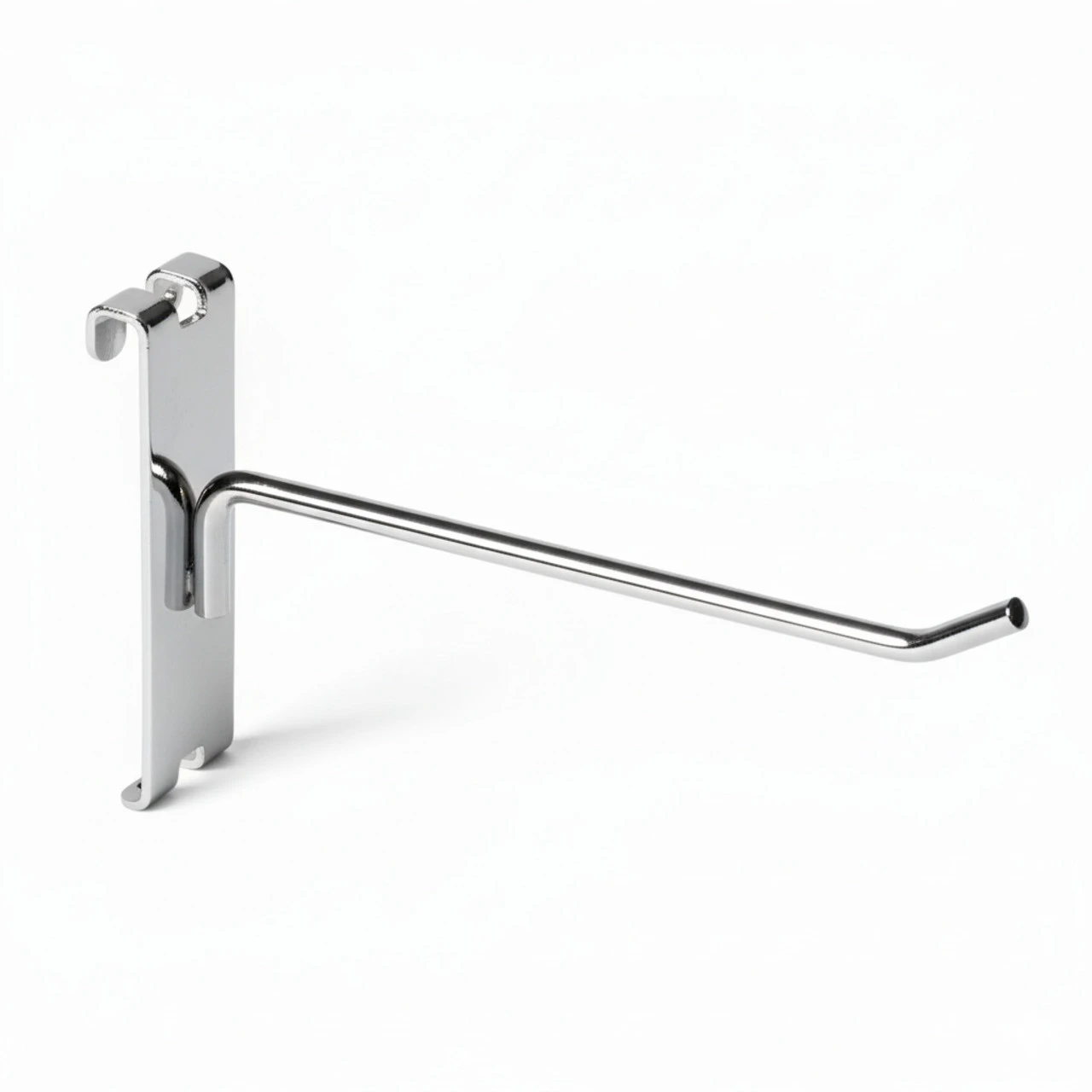 Chrome-plated single-prong hook with flat backplate and dual grid clips for mounting on gridwall panels