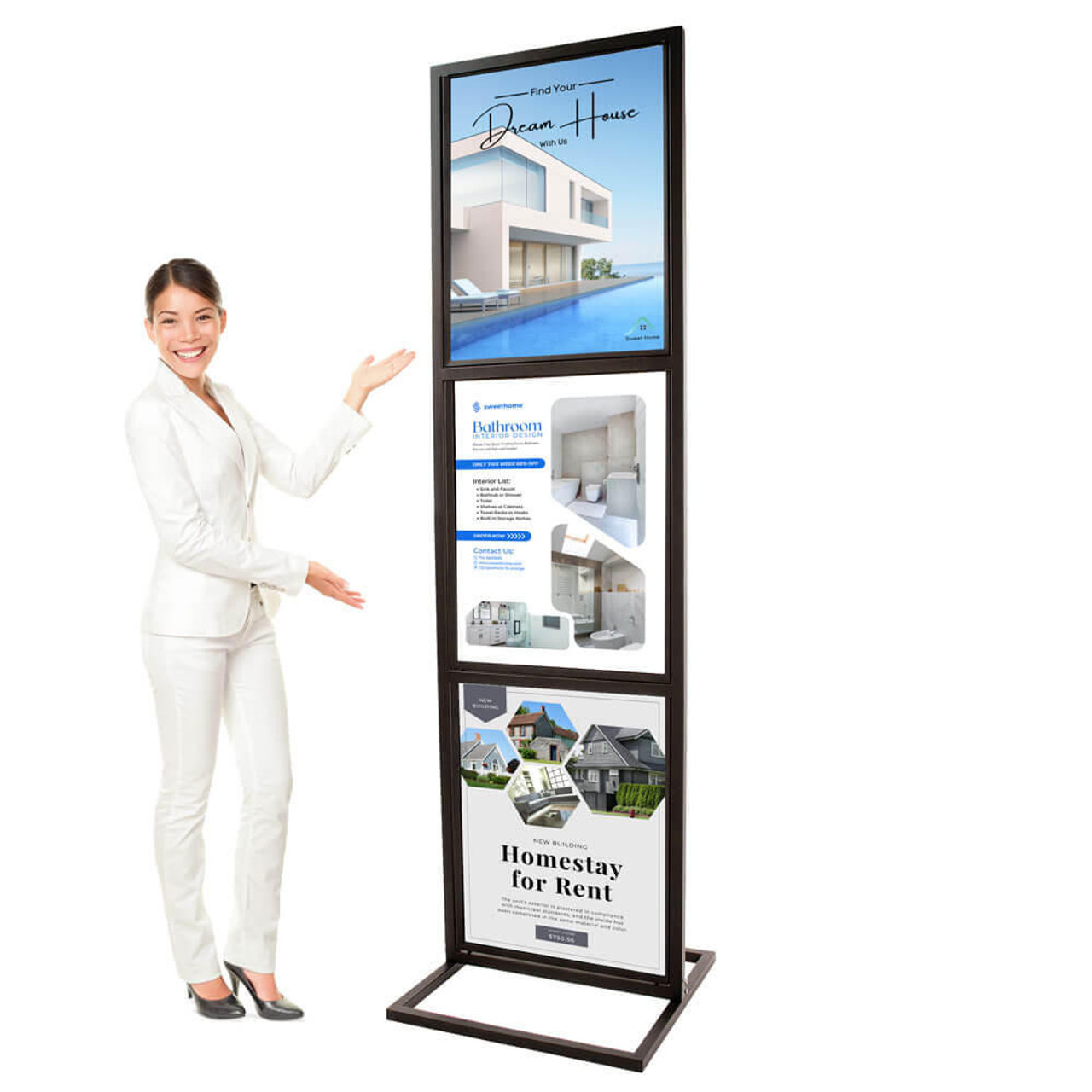  Black Triple Metal Floor Stand Sign Holder for Bulletins & Posters 