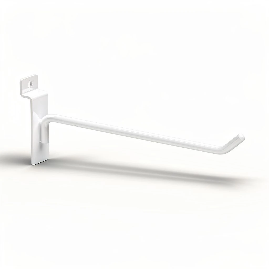 White metal single-prong hook with upturned tip and slotted back plate for slatwall channels, side profile