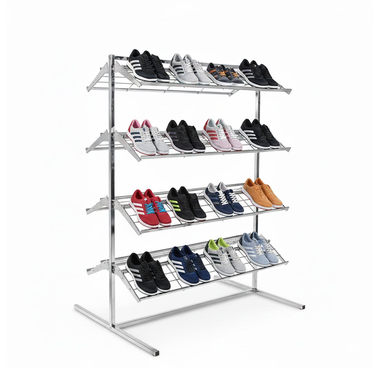 Rack loaded with rows of sneakers across four tilted wire shelves showing capacity per tier