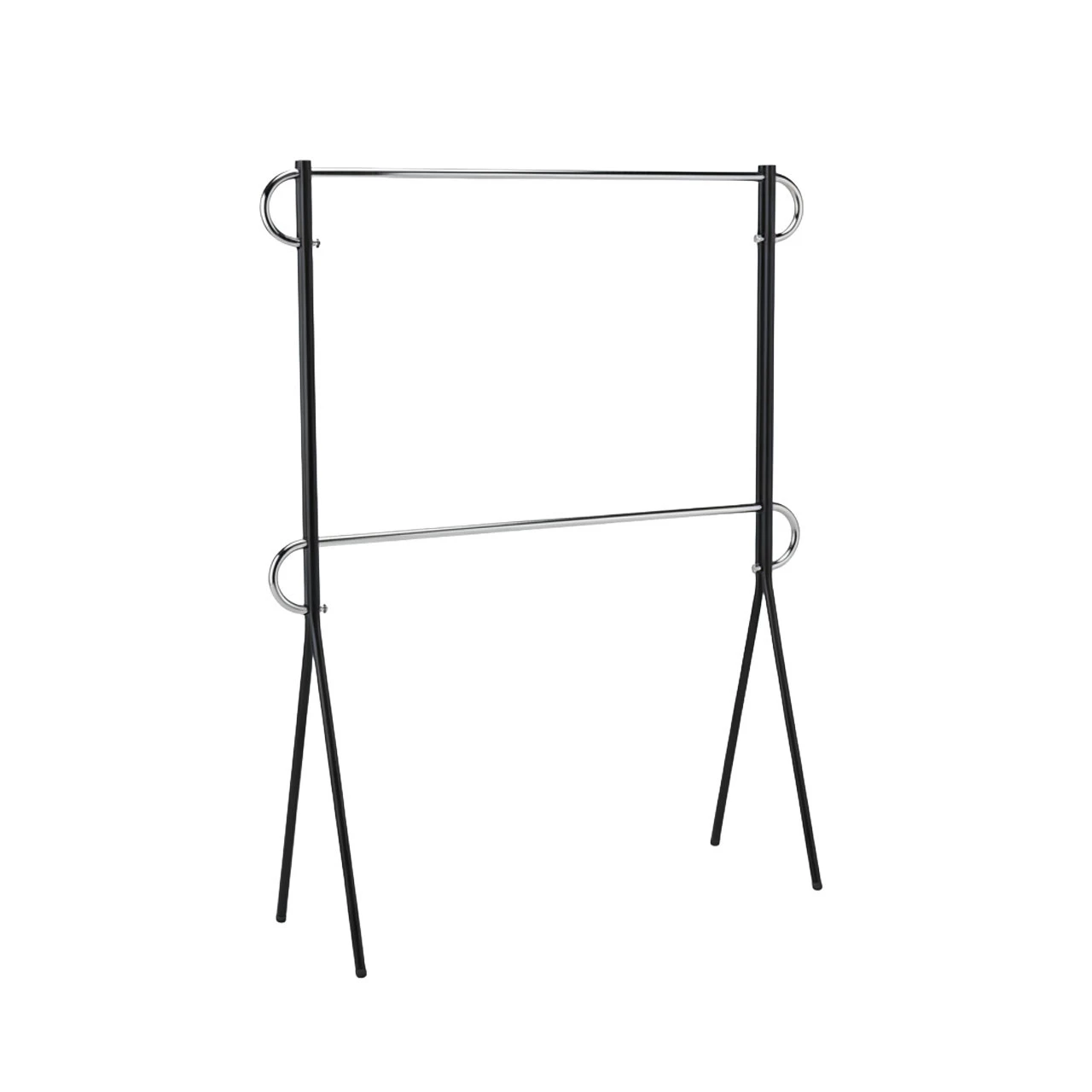 Freestanding black garment rack with two chrome rods and splayed legs, shown empty from the front.