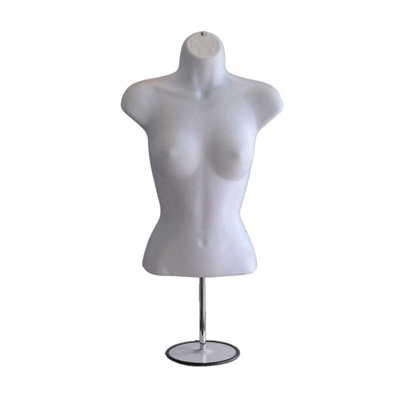 Frontal view of white female mannequin torso with metal base