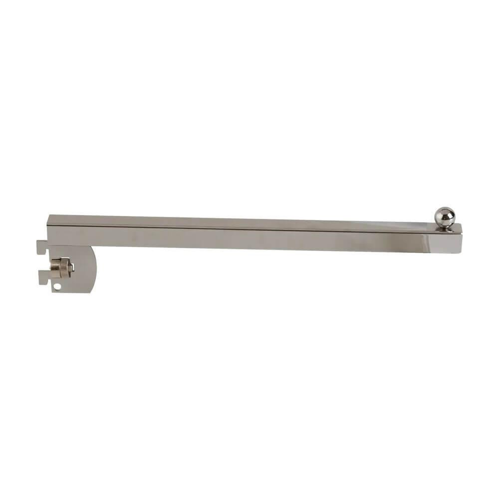 Chrome rectangular tube faceout with ball-end stop and slotted-standard bracket with thumbscrew, side view