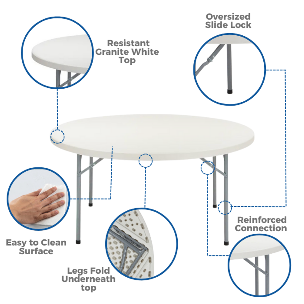 Key features of round folding event table  granite white top, slide lock reinforced legs and easy to clean surface