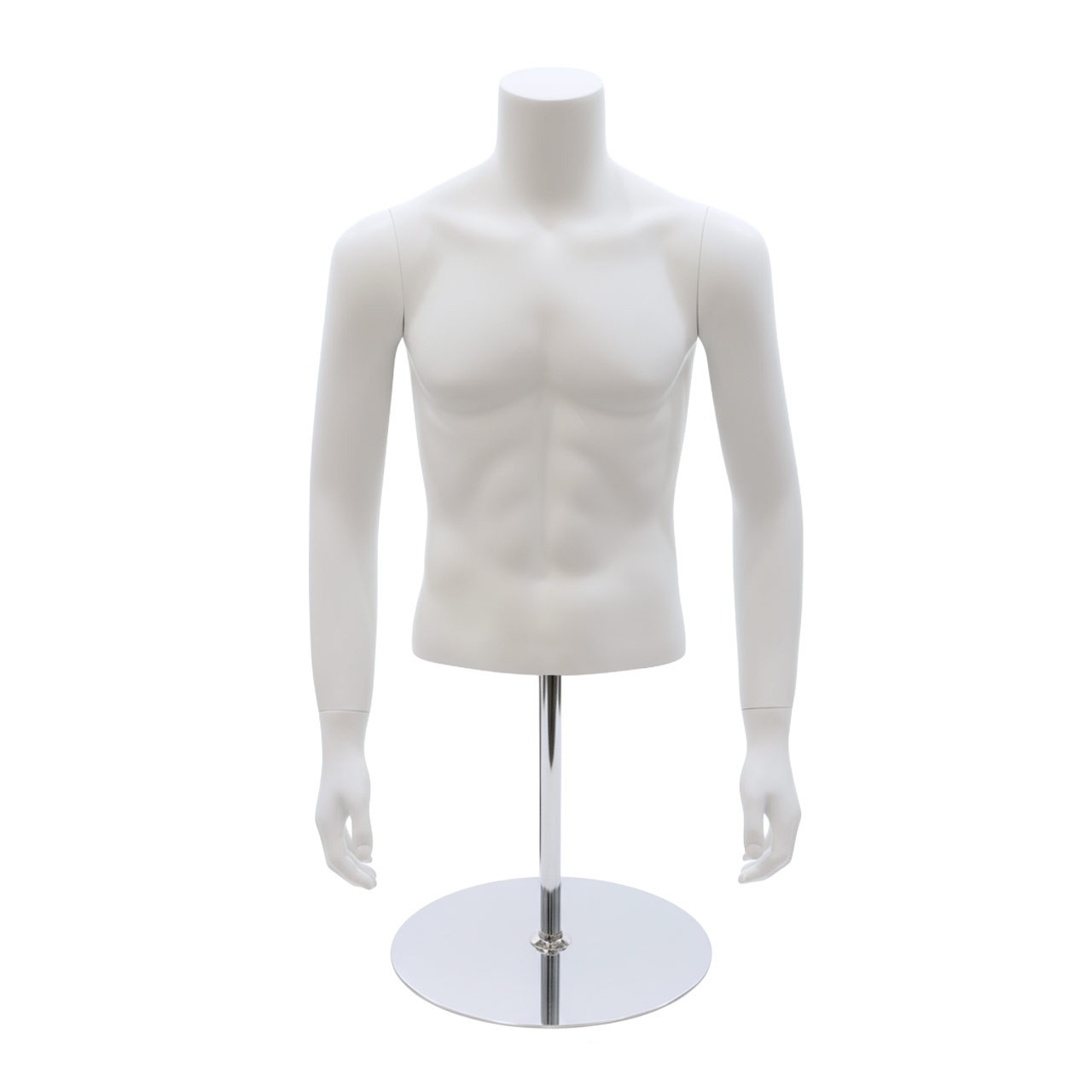 Headless white male torso mannequin with arms on a chrome stand with round base.