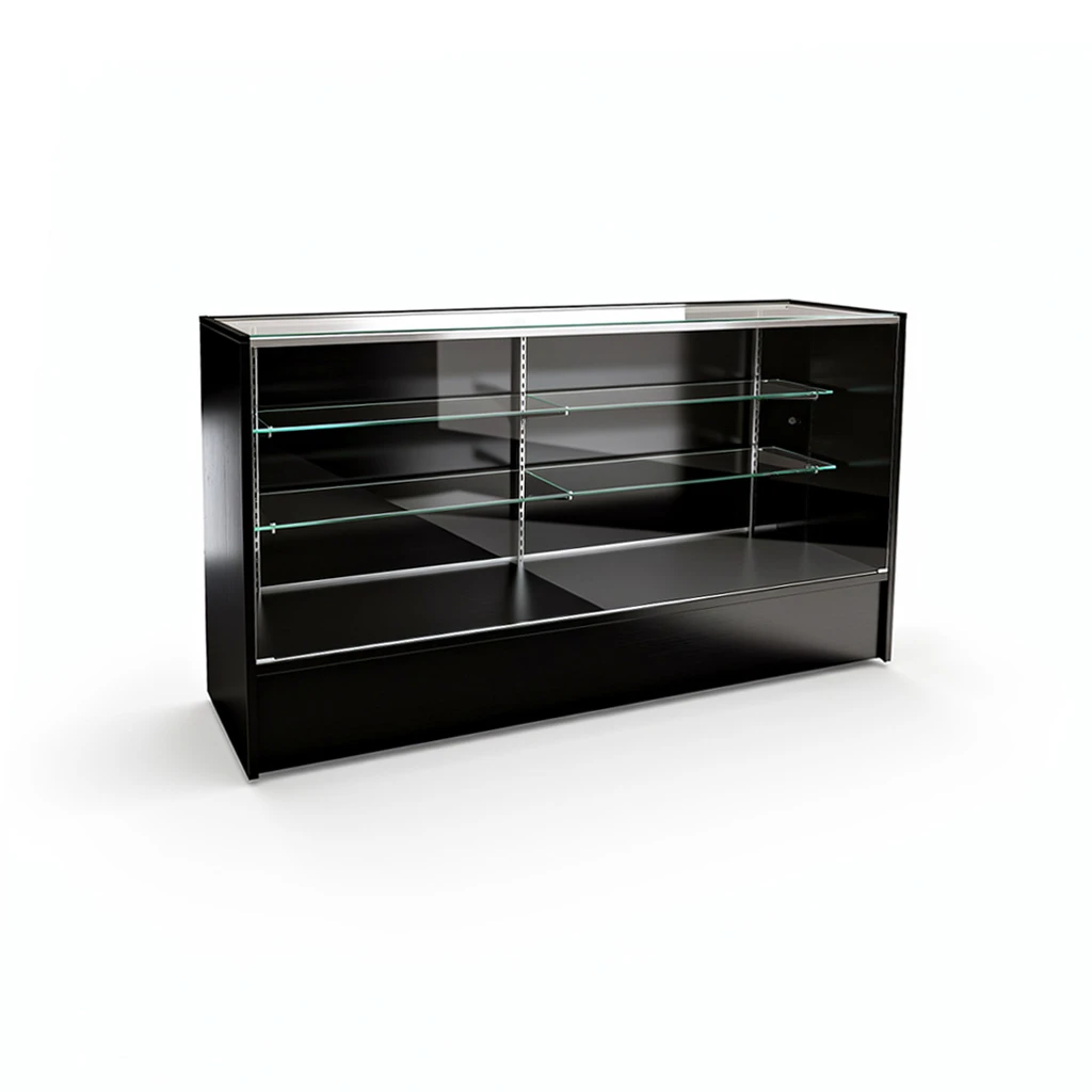 Black-finish retail display case, glass front and top with two adjustable glass shelves on metal standards