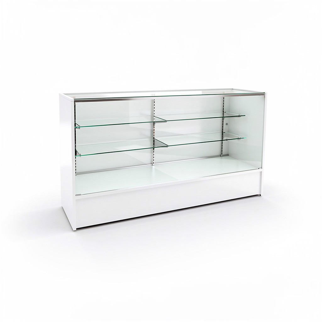 White laminate finish variant with glass front panels and stepped glass shelving over a solid kick base