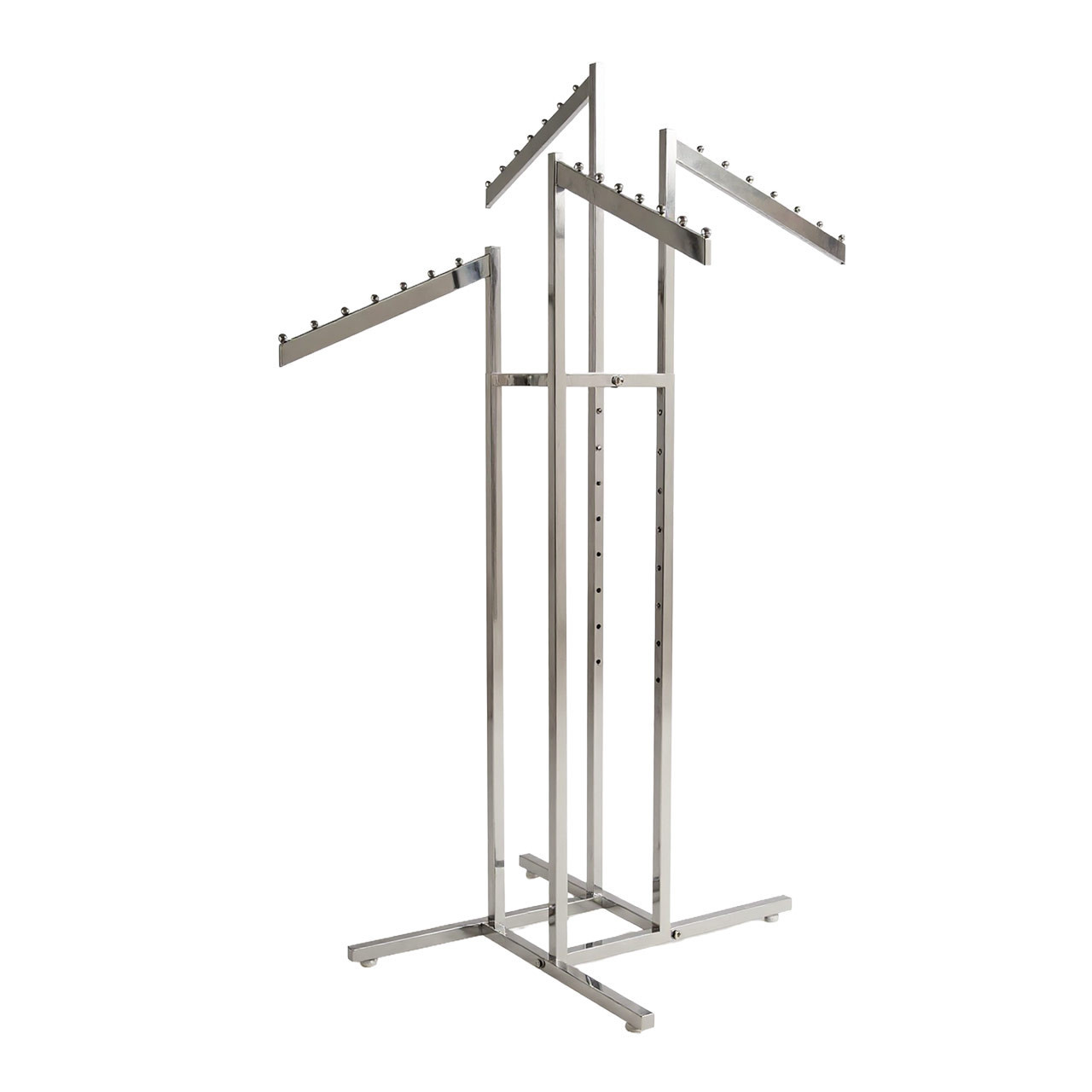 Chrome 4-way clothing rack with four slanted square-tubing arms on a cross base.
