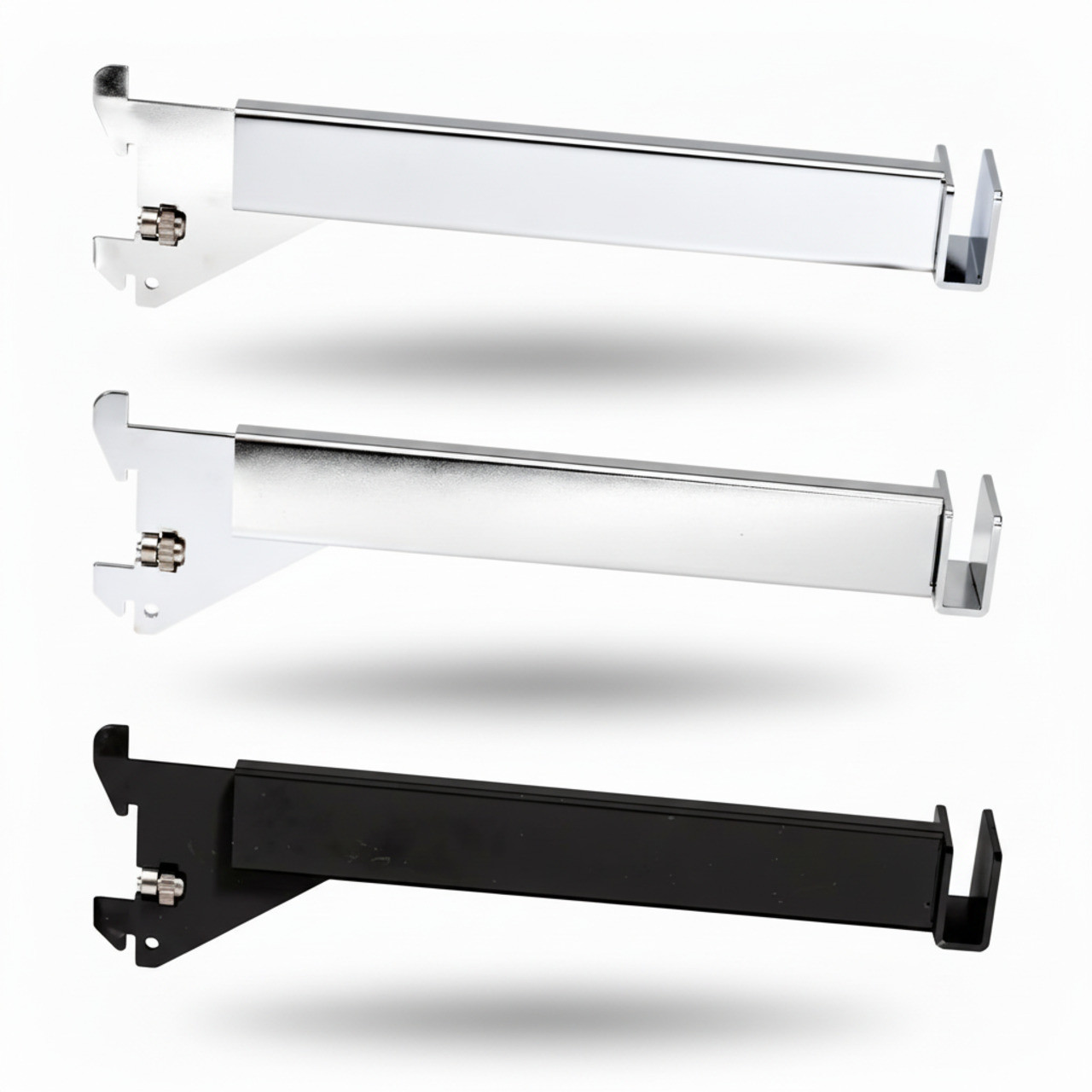 Three rectangular tubing hangrail brackets in chrome and black, with slotted-standard tabs and set screws, upturned rail