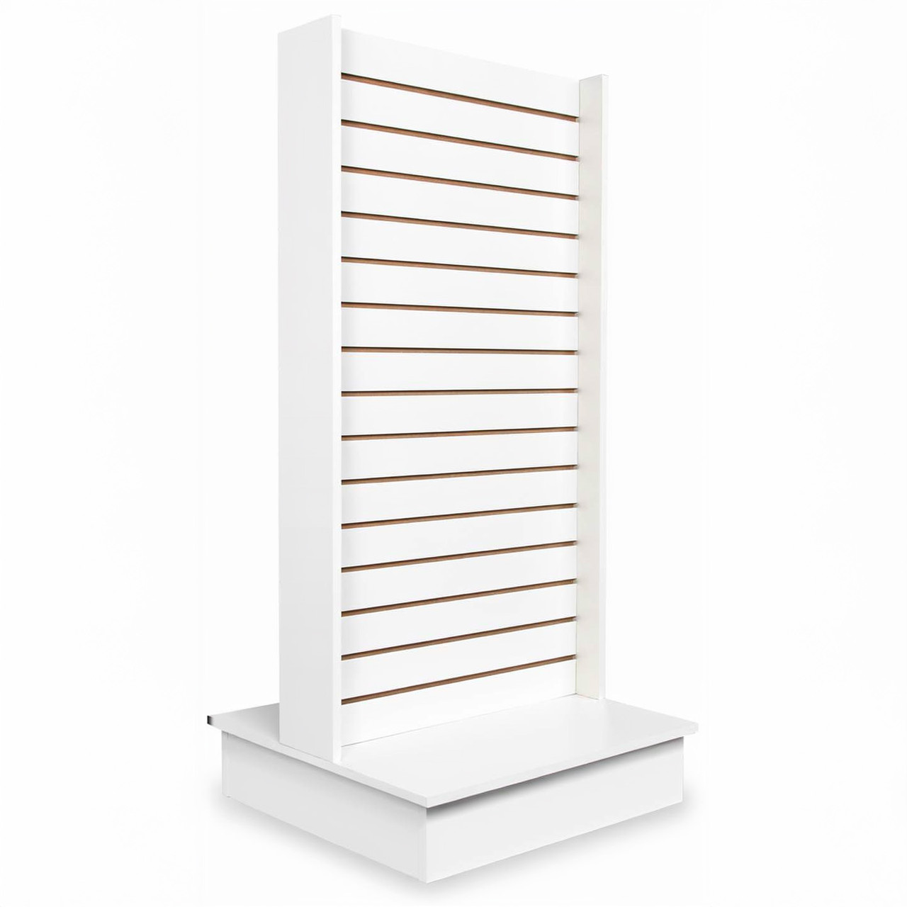 White double-sided slatwall tower on rectangular base, horizontal grooves for hooks and shelves, angled front view
