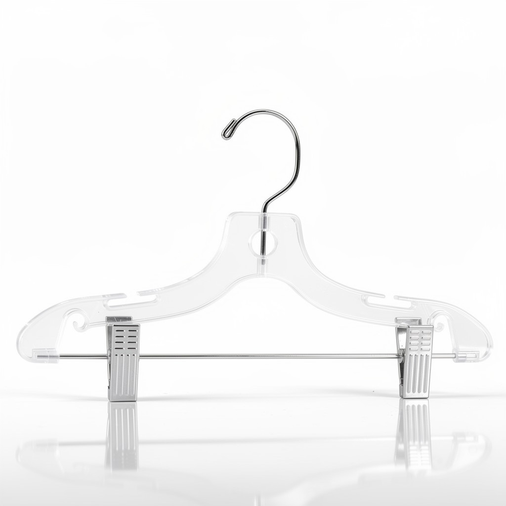Clear plastic child hanger with chrome swivel hook, adjustable metal clips on a bottom bar, and notched shoulders