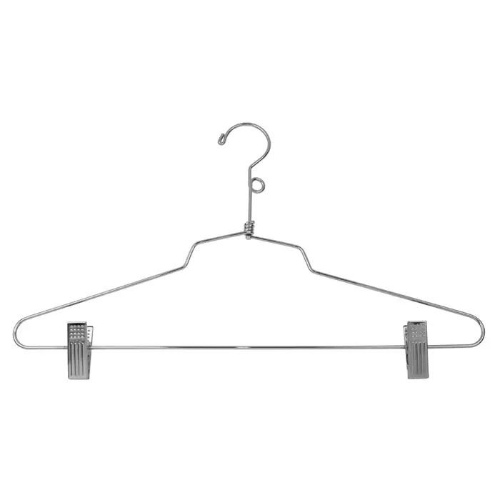 16-inch chrome steel suit hanger with pant clips and loop hook for retail garment display