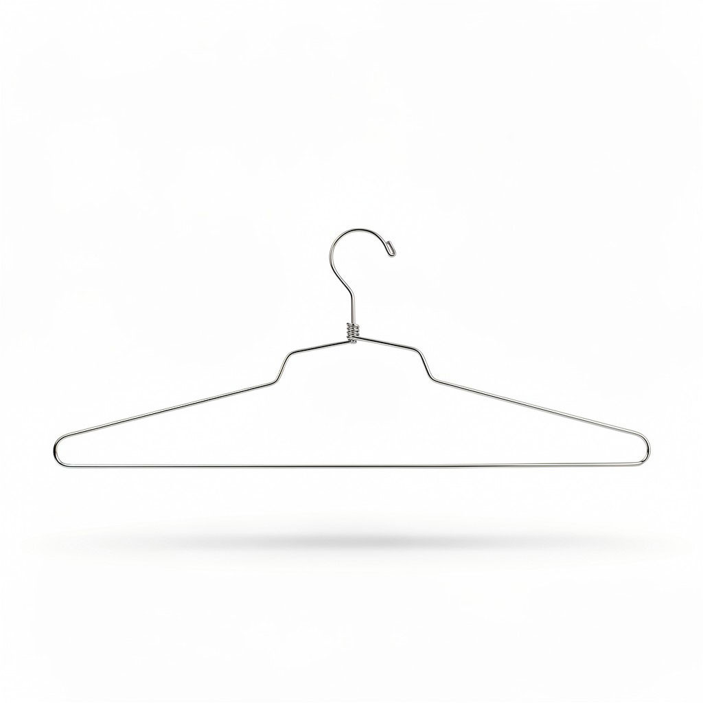 Closeup of the coiled metal neck and non-loop swivel hook where the wire hanger meets a closet rod