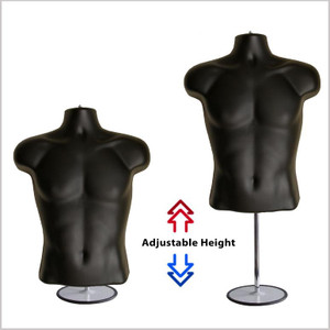 Chromed pole adjusting the height of the black torso mannequin stand