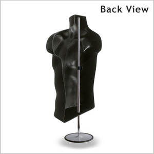 Hollow back of the black torso mannequin, sits flush against walls