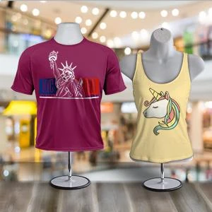 T-shirts displayed on the white male and female torso mannequins with metal base
