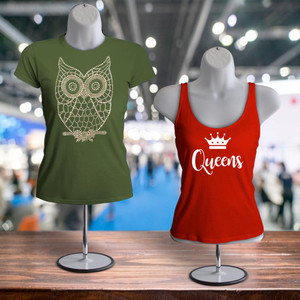 T-shirts displayed on white female torso mannequins with metal base