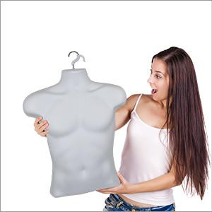 One hand holding the lightweight white male torso mannequin