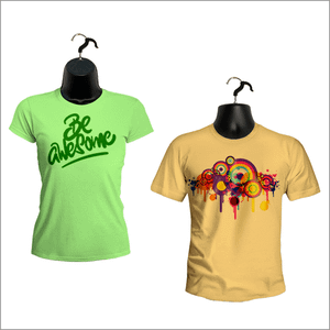 T-shirts displayed on the black male and female hanging mannequins