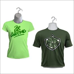 T-shirts displayed on the white male and female hanging mannequin set
