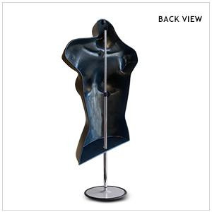 Hollow back of the black female torso mannequin, sits flush against walls