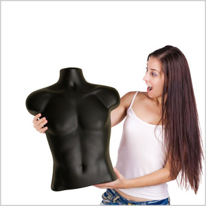 One hand holding the lightweight black torso mannequin