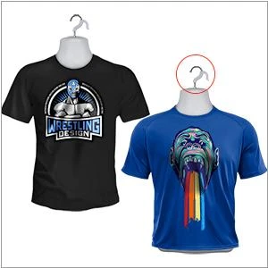 Double hook of the white male hanging mannequin holding a t-shirt