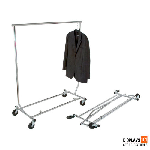 A gleaming chrome-plated clothing rack extended to its full height, reflecting its strong build and versatile design suitable for both home and commercial spaces A gleaming chrome-plated clothing rack extended to its full height, reflecting its strong build and versatile design suitable for both home and commercial spaces