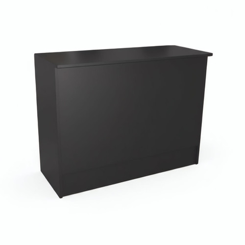 Black 48-inch flat top cash wrap counter shown at an angle with a raised back ledge.
