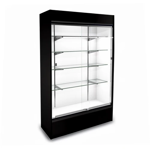 Black-framed wall case with four adjustable glass shelves, sliding lockable glass doors, and white lit interior.