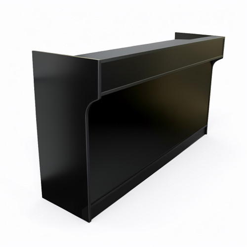 Black 70-inch ledge top cash wrap counter shown at an angle with an open front shelf.