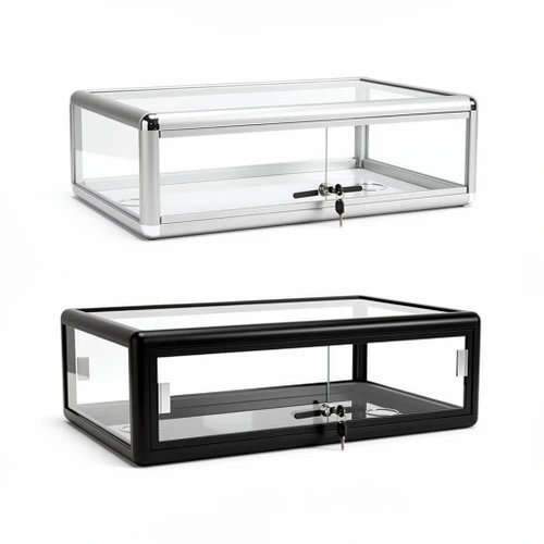 Two aluminum countertop display cases with glass panels and locks, one silver-framed and one black-framed.
