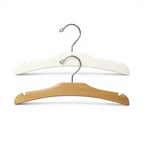 Two child-size hangers in white and natural wood finish, chrome swivel hooks and shoulder notches for straps