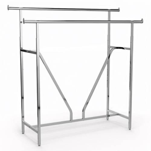 Chrome double-bar garment rack with height-adjustable uprights, diagonal cross-brace supports, and leveling glide feet