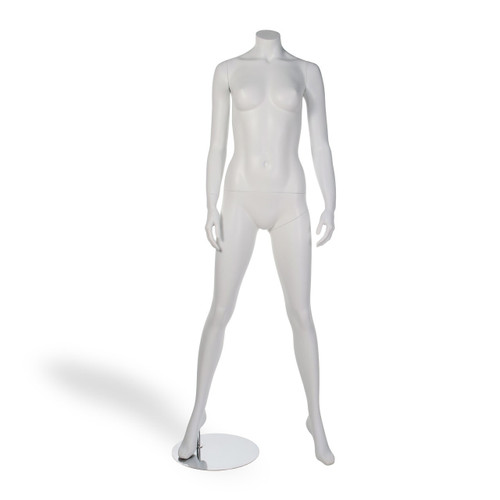 White headless female mannequin in standing pose with arms at sides on a round metal base.