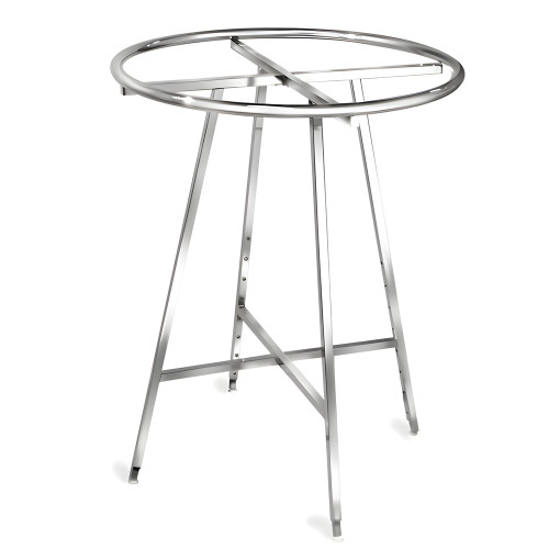36 inch round clothing rack with welded one-piece ring and folding base, designed for boutiques or smaller retail spaces. Chrome finish. 36 inch round clothing rack with welded one-piece ring and folding base, designed for boutiques or smaller retail spaces. Chrome finish.