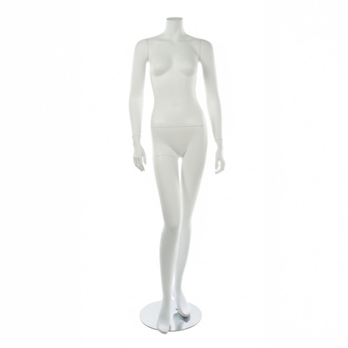 Front view of matte white headless female form with straight arms and bent leg pose on round metal base